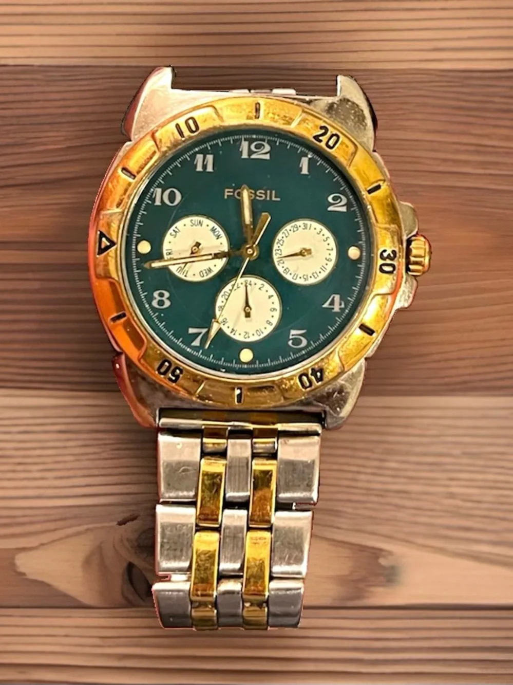 Vintage Fossil Two-Tone Green Dial Chronograph Watch